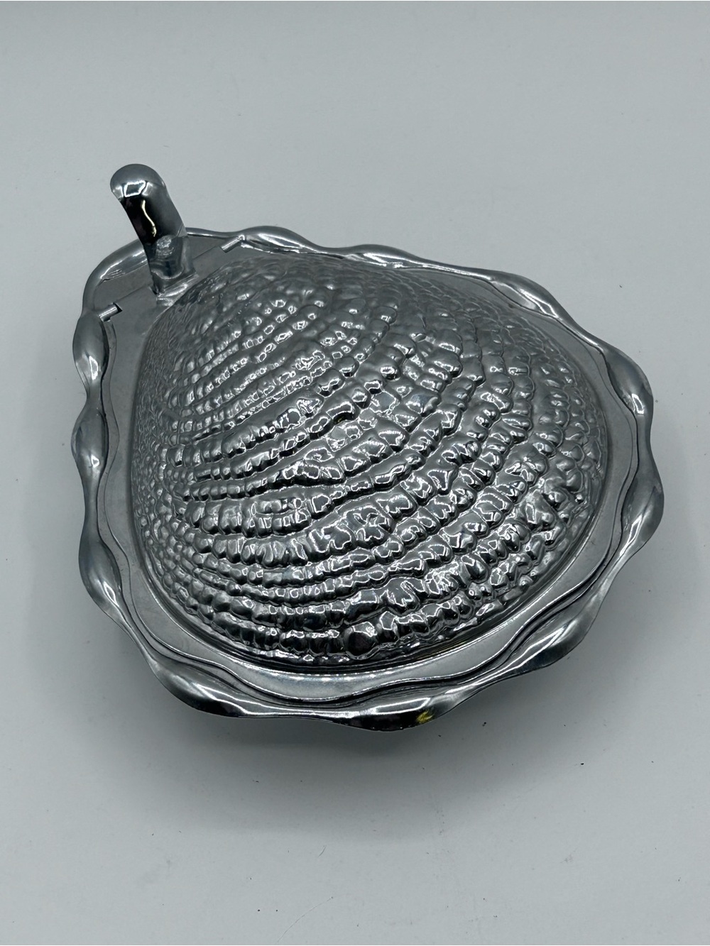 Vintage Metal Clam Shell Caviar Butter Dish Hinged Missing Glass Insert 6.25"